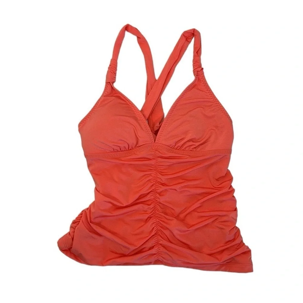 Athleta Ruched‎ Tankini Swim Top Women's XS Neon Orange Removable Bra Pads